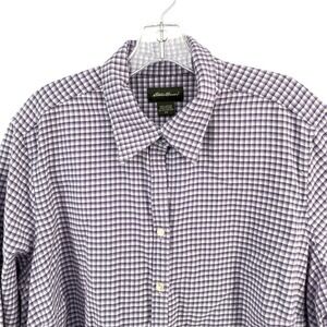 Eddie Bauer Flannel Button Shirt Men's 3XL Purple White Plaid Cotton Long Sleeve